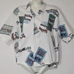 Vintage White Graphic Railroad Casual Button Down Shirt